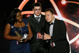 Nickesha Johnson, Anthony Tart, and Michael Gomez of Brooklyn College accept the award in the Newscast category for “Brooklyn College News Show 1&quot; at the 35th College Television Awards