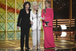 Lily Tomlin, from left, Dolly Parton, Jane Fonda on stage at the 2017 Primetime Emmys.