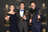 Vickie Curtis, Jeff Orlowski and Davis Coombe speak to the press at the 2021 Creative Arts Emmys, September 12, 2021 in Los Angeles, California.