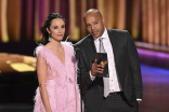 Abigail Spencer and Donald Faison present an award at the 75th Creative Arts Emmy Awards