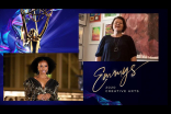 Brandee Evans presents the award for Outstanding Period Costumes to Sarah Moore for The Crown at Night Three of the Creative Arts Emmys. 