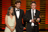 Jennifer Sofio, Raoul Marks (l) and Patrick Clair (r) accept the award for outstanding main title design for their work on True Detective.