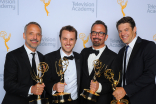 EXCLUSIVE - Marc Smerling, from left, Zac Stuart-Pontier, Andrew Jarecki, and Jason Blum backstage at the 2015 Creative Arts Emmy Awards.