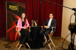 Melissa Hoppe and Matt Bomer in the interview room at the 36th College Television Awards at the Skirball Cultural Center in Los Angeles, April 23, 2015.