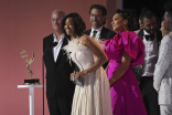 Renee Elise Goldsberry and the cast and crew of Hamilton accept an award at the 73rd Emmy Awards, September 19, 2021 in Los Angeles, California.   